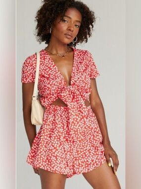 Princess Polly Virgo ditsy floral red and white tie-front cutout romper NWT